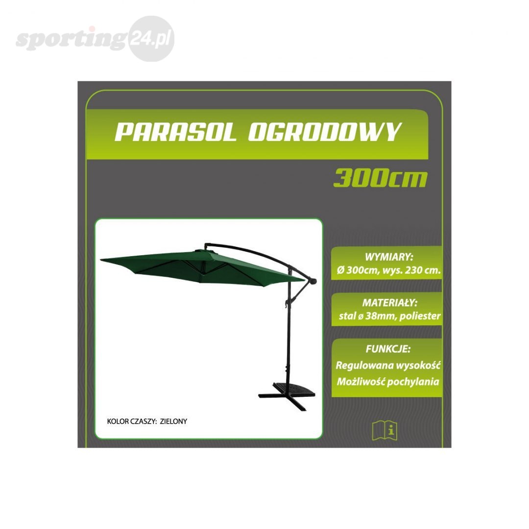 Parasol ogrodowy 300cm składany na wysięgniku zielony